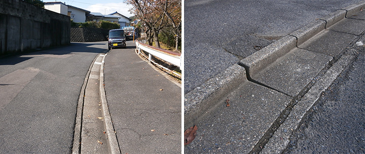 U字溝とL型エプロンブロックが施工された歩車道段差のある道路