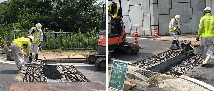 アスファルト舗装材を敷き転圧する