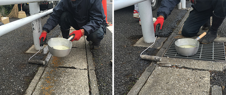 舗装部とコンクリートの境界目地付近にプライマー塗布