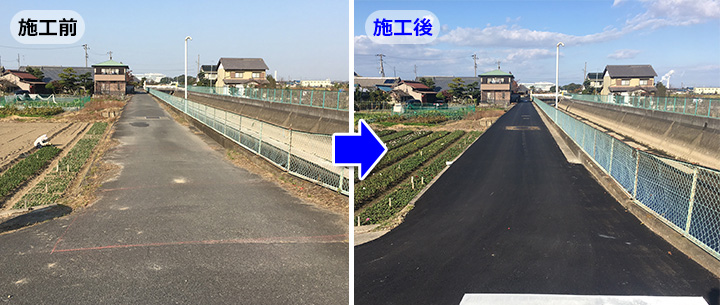 舗装工事した用水路脇の通学路